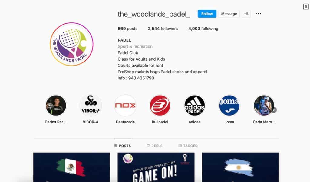 Instagram of The Woodlands Padel in Texas.