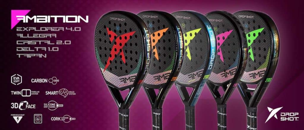 An overview of Drop Shot's Ambition line of padel rackets. 