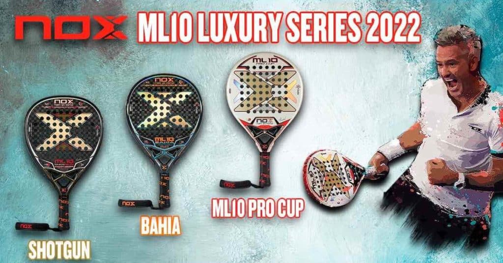 Visão geral dos modelos NOX com a ML10 Pro Cup Luxury Series como herói. Uma das raquetes de padel preferidas da lenda Miguel Lamperti.