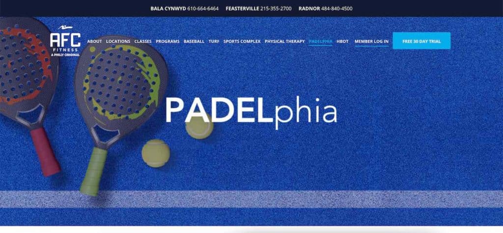 Página de inicio de PADELphia en Philly, PA. Un verdadero primer y gran lugar para jugar una partida de Padel.