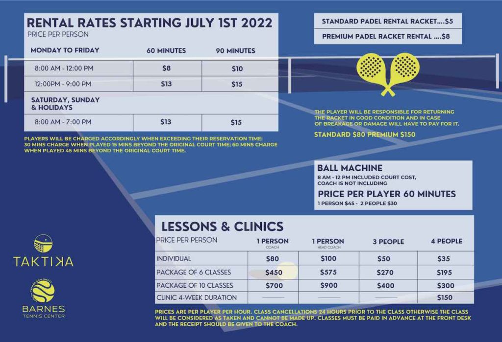 Vista general de los precios en Taktika Padel dentro del Barnes Tennis Center en San Diego, CA (tenga en cuenta que son de 2022). Fuente de la imagen: Taktika Padel.