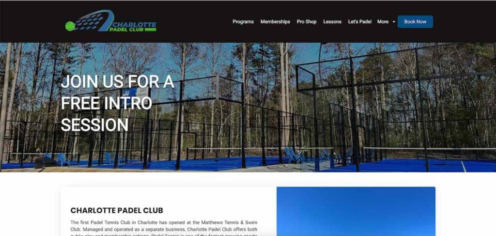Página inicial do Charlotte Padel Club, na Carolina do Norte.