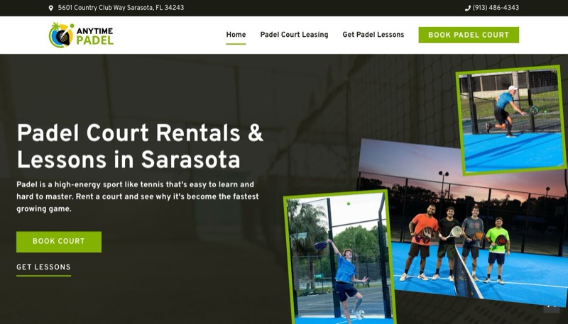 Homepage of Anytime Padel showing court rentals and lessons in Sarasota, Florida