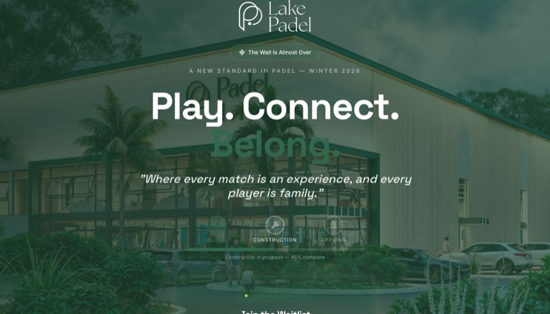 Homepage of Lake Padel Club showing indoor padel courts in Orlando, Florida