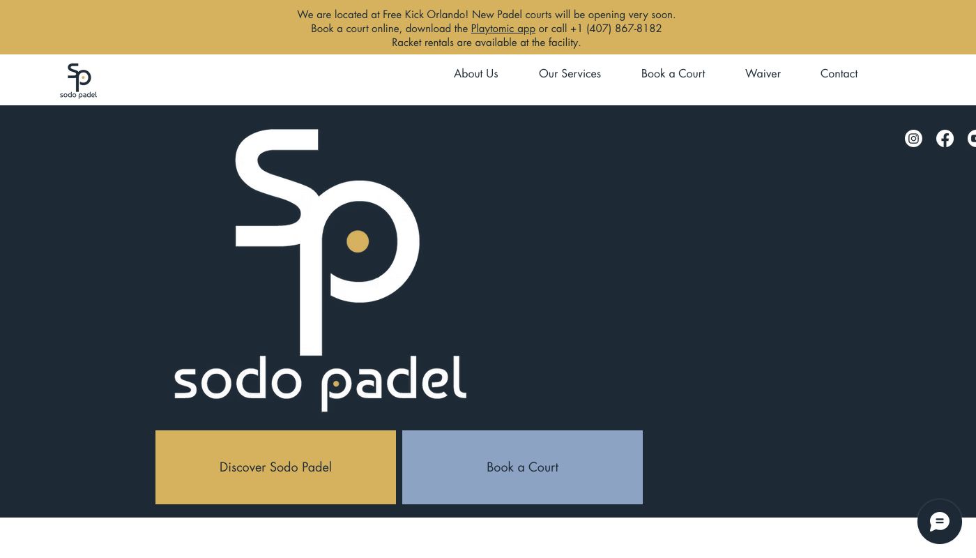 Homepage of Sodo Padel showing outdoor padel court rentals in Orlando, Florida