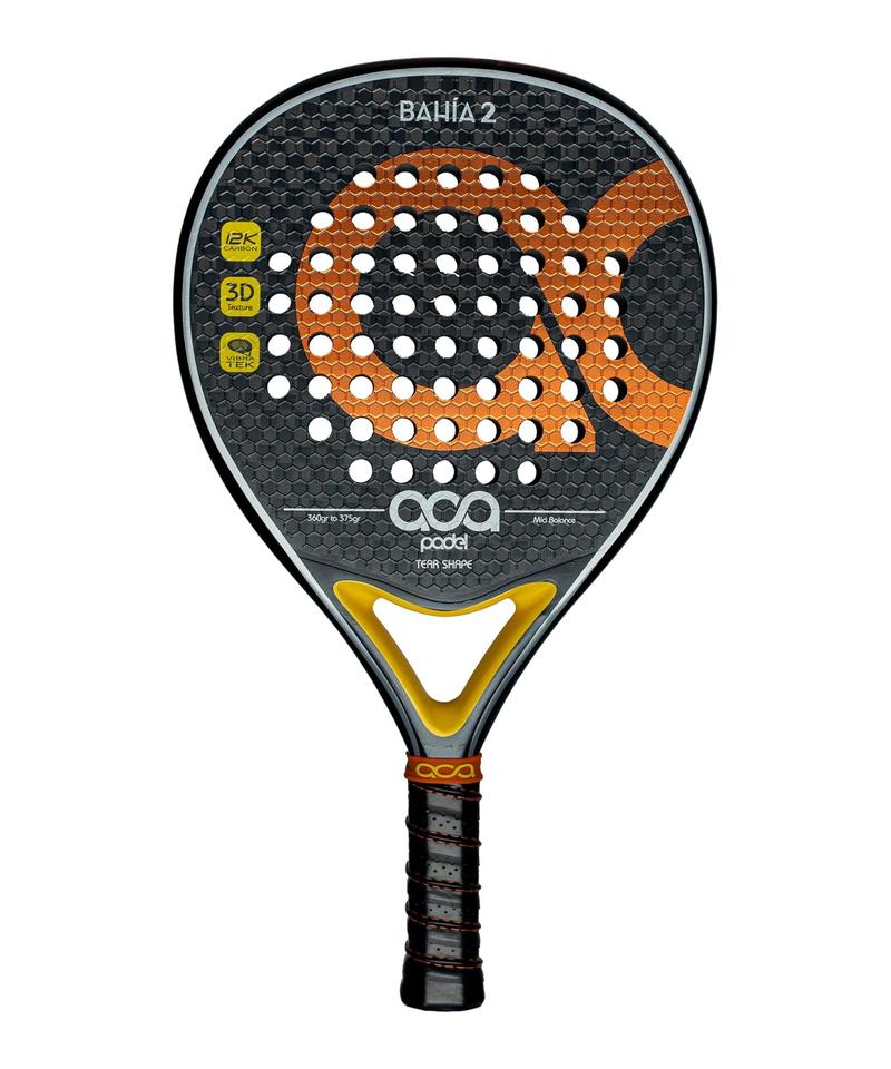 ACA Bahia 2 padel racket, black carbon face with an orange logo