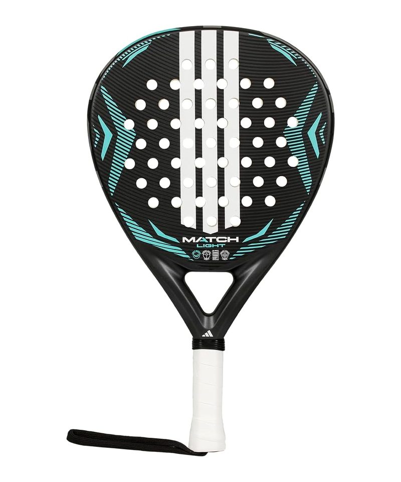 Adidas Match Light 2026 padel racket, black face with teal accents and white stripes