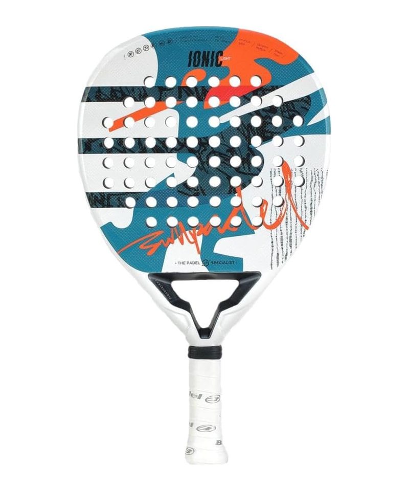 Bullpadel Ionic Light padel racket, white face with teal and orange graphics
