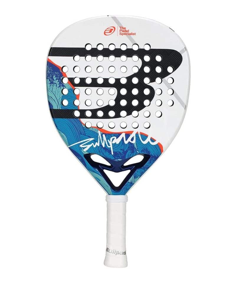 Bullpadel Ionic Power padel racket, white face with blue graphics