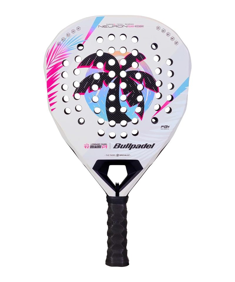 Bullpadel Neuron 02 Edge Miami 26 padel racket, white face with a palm design