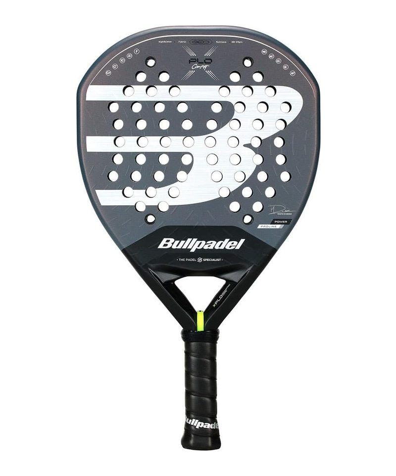 Bullpadel Xplo Comfort padel racket, dark grey geometric face with white logo