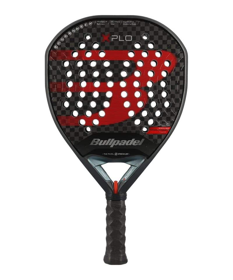 Bullpadel Xplo padel racket, black carbon face with red logo
