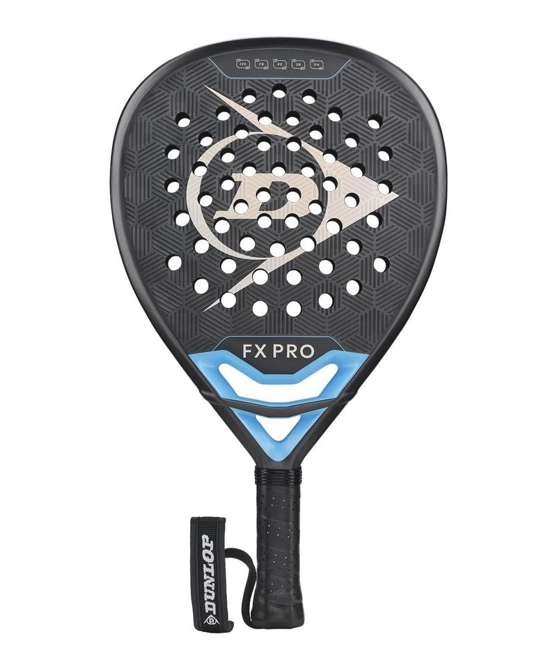 Dunlop FX Pro 2026 padel racket, dark grey diamond face with a white Dunlop logo and a blue throat