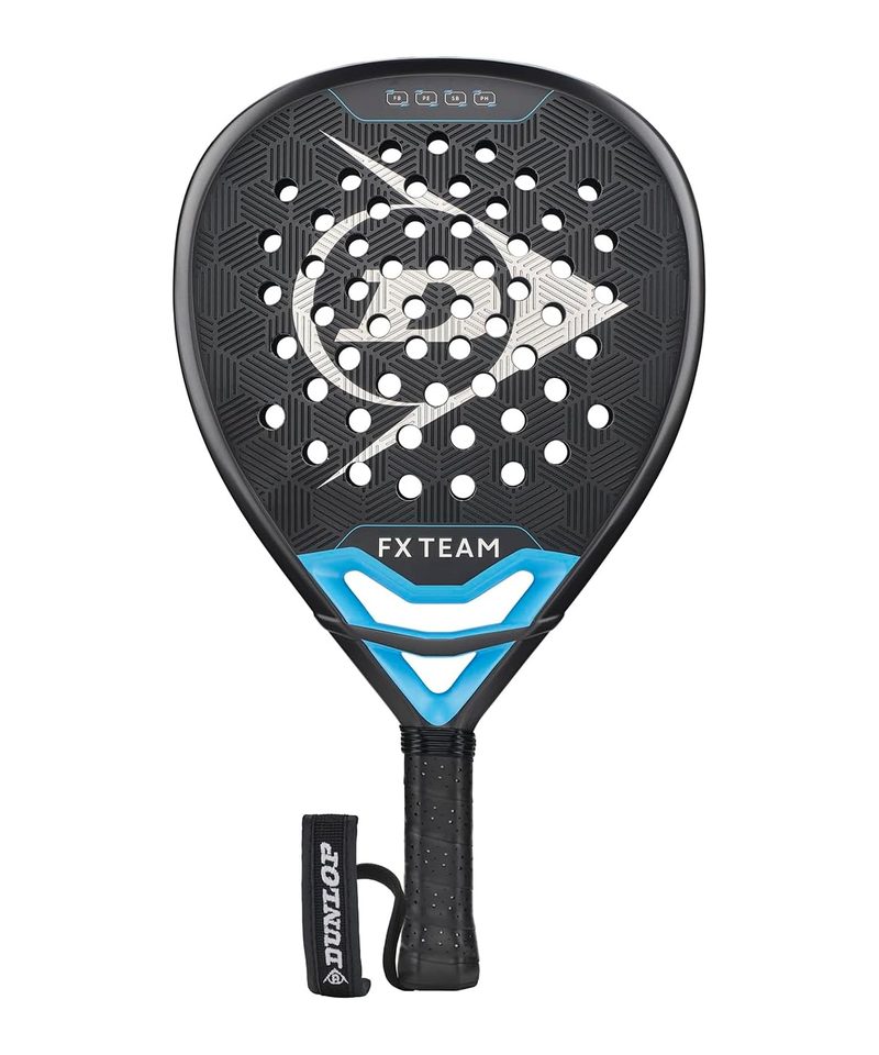 Dunlop FX Team padel racket, dark grey diamond face with a white Dunlop logo and a blue throat