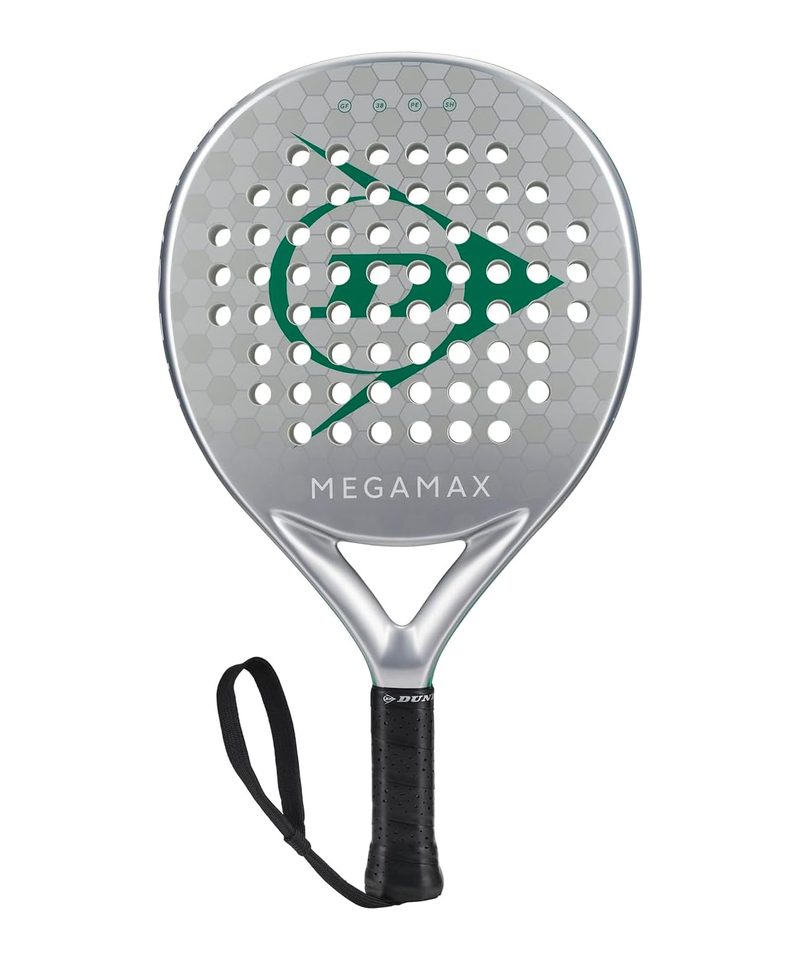 Dunlop Megamax Silver padel racket, silver round face with a green Dunlop logo