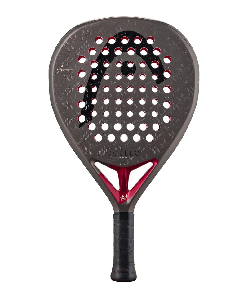 Head Coello Pro 2026 padel racket, bronze-grey diamond face with a black Head logo and a red throat