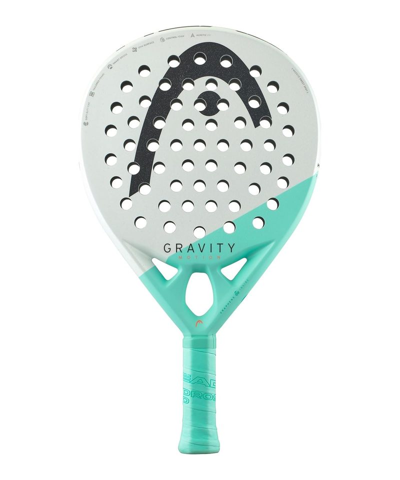 Head Gravity Motion padel racket, white face with a mint throat and a black Head logo