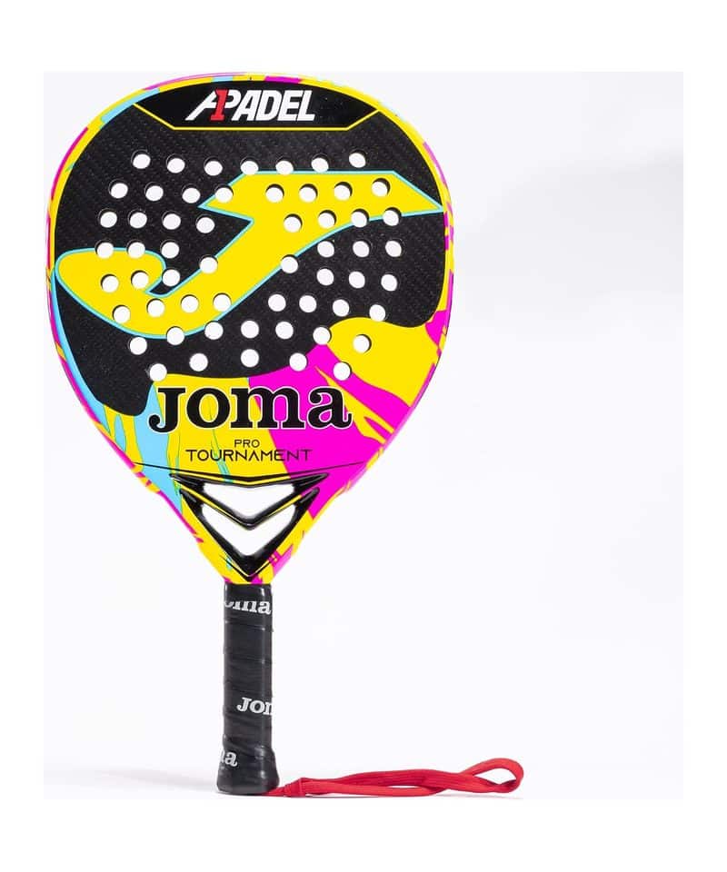 Joma Tournament Pro A1 padel racket, black carbon face with yellow and pink graphics