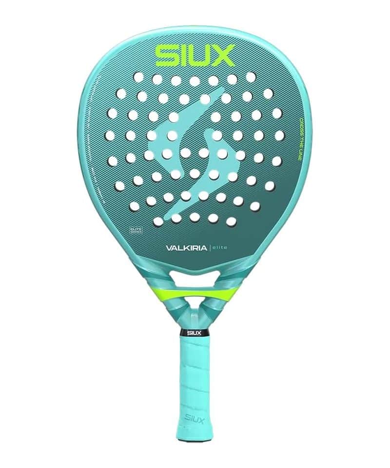 Siux Valkiria Elite 2026 padel racket, teal-green face with a lime Siux logo