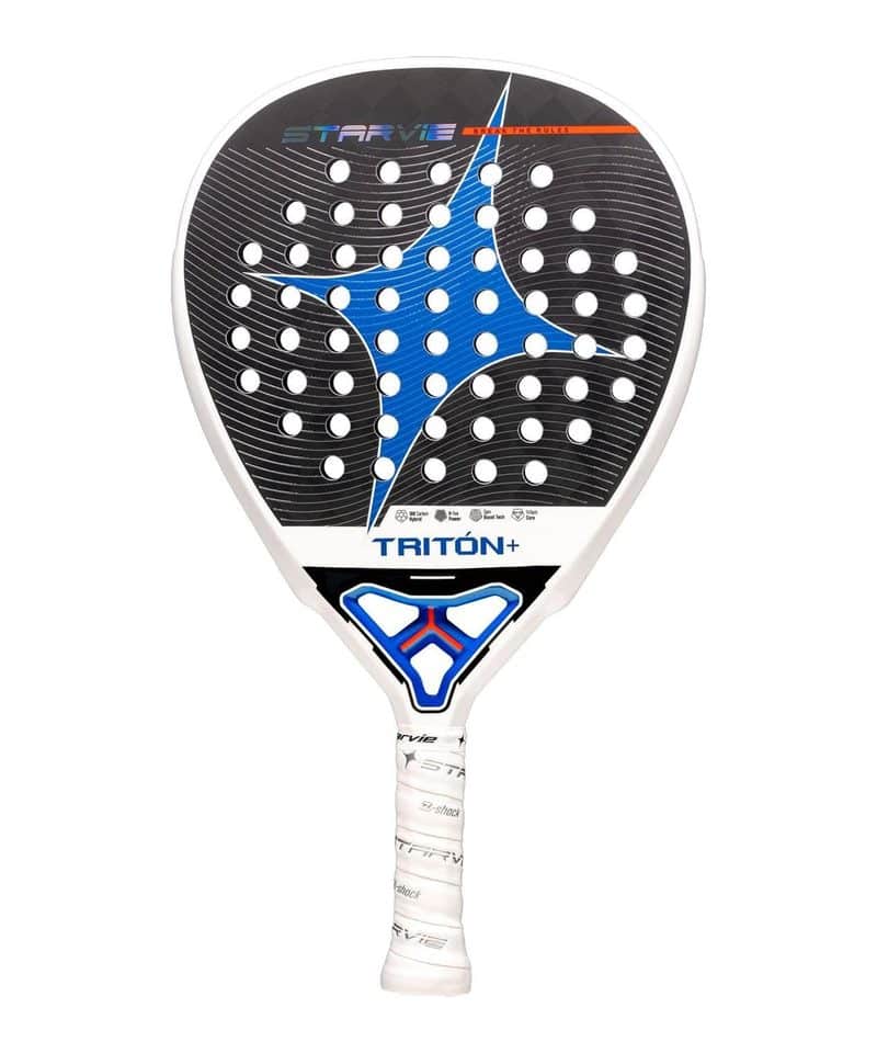 StarVie Triton+ Power 2026 padel racket, white diamond-shaped face with blue star