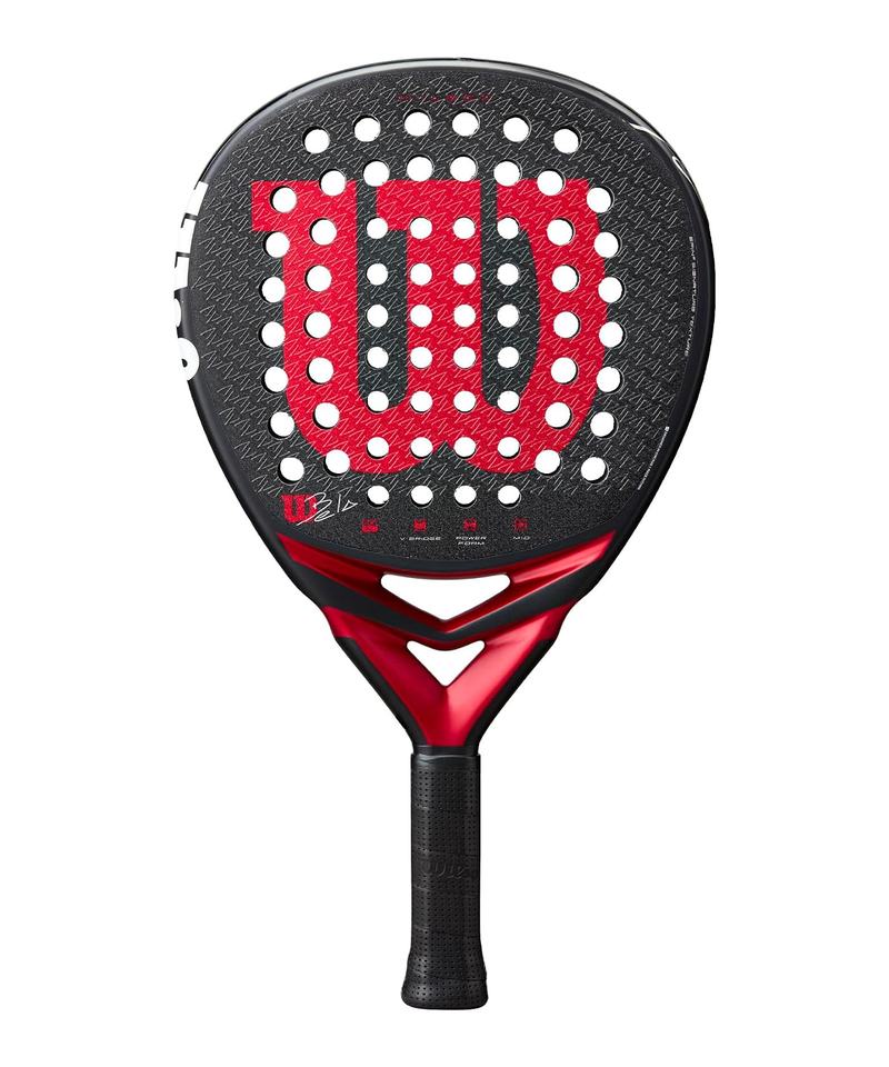 Wilson Bela V3 padel racket, black face with a red Wilson W logo