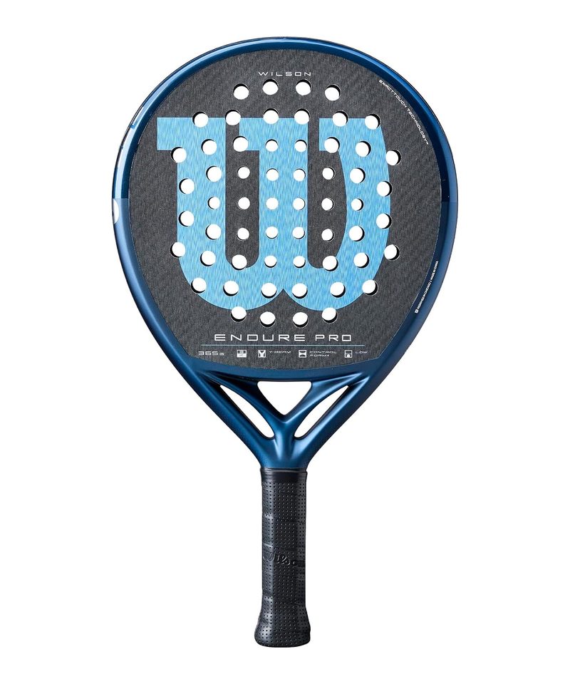 Wilson Endure Pro V1 padel racket, dark face with a blue Wilson W logo